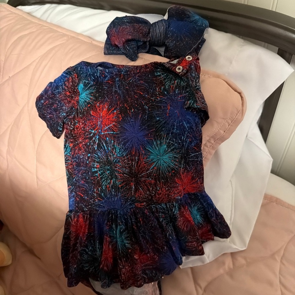 Colorful Fireworks twirl bubble  Dress with Matching Headband